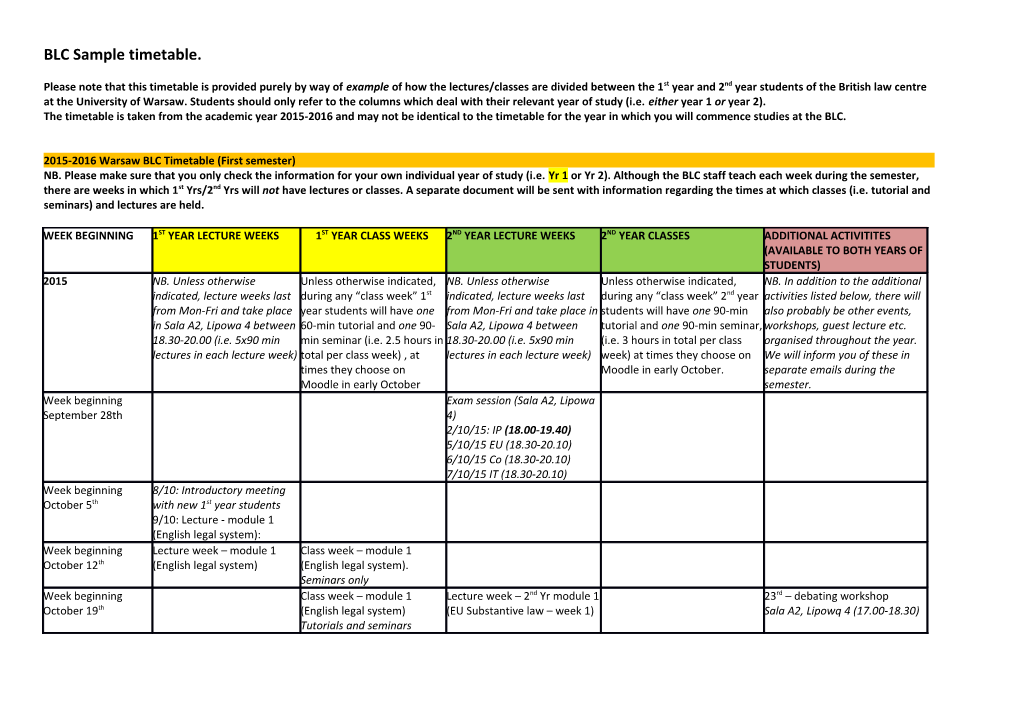 BLC Sample Timetable