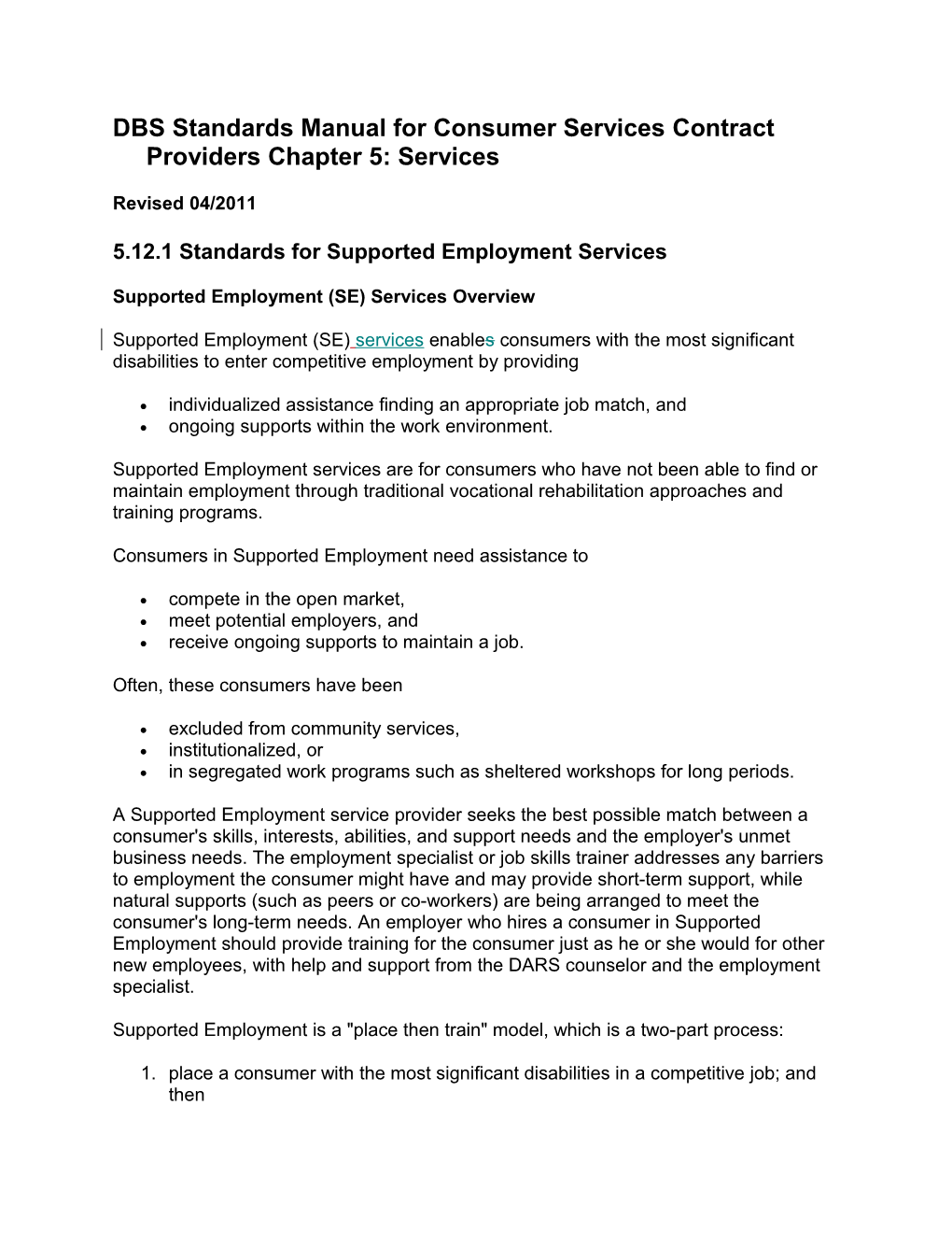 DBS Standards Manual Chapter 5 Revisions for April 2011