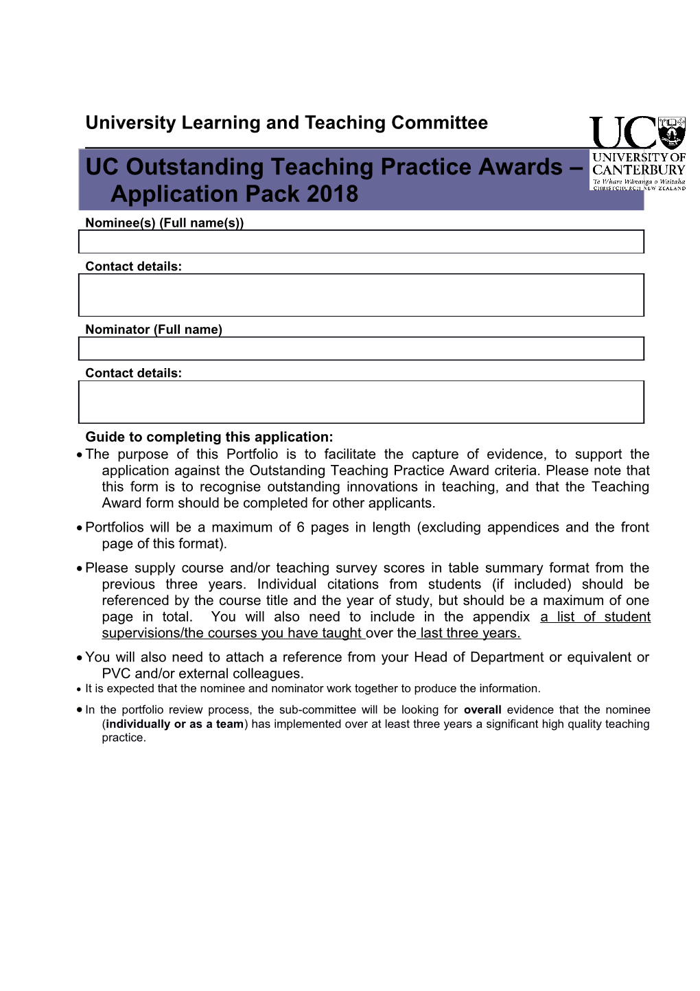 UC Outstanding Teaching Practiceawards Application Pack 2018