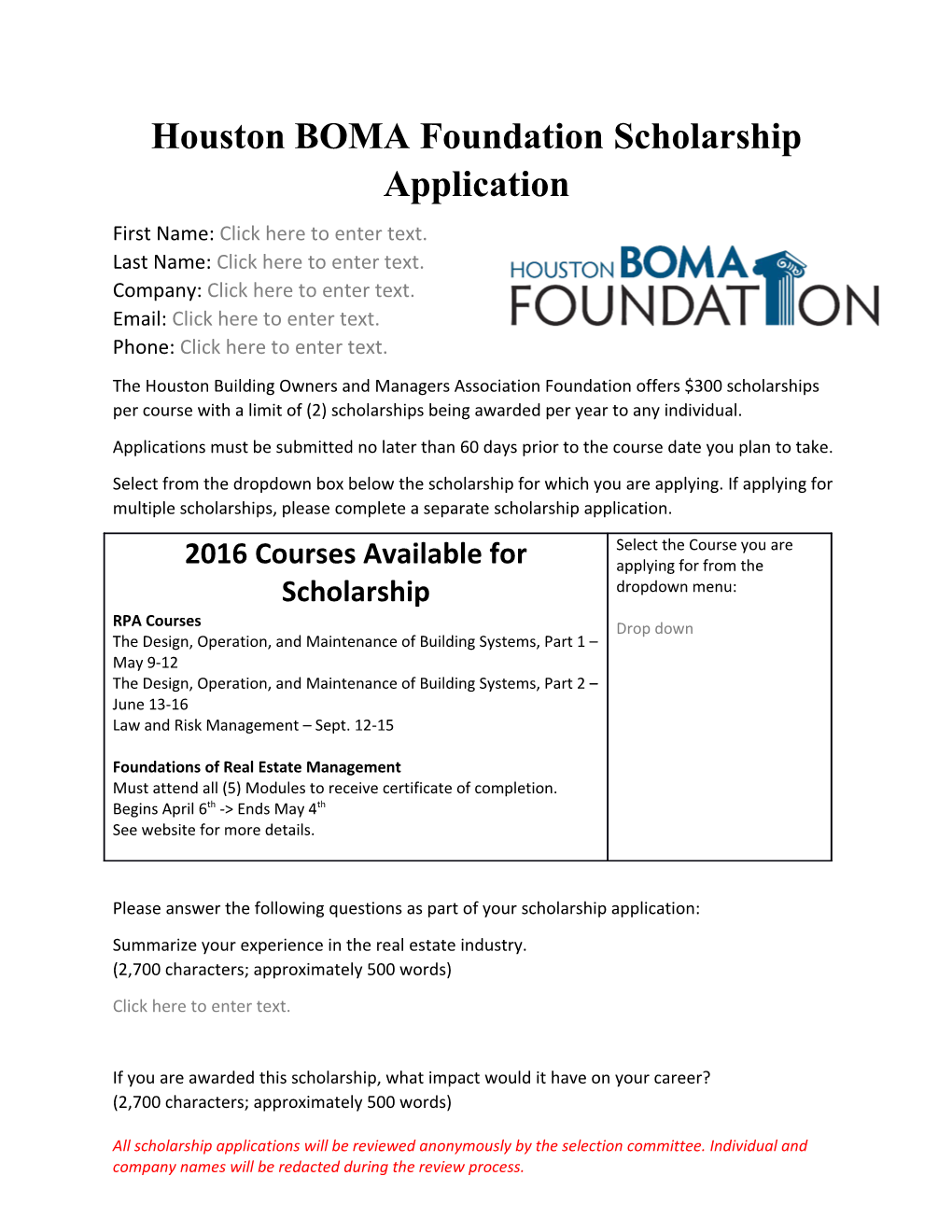Houstonboma Foundation Scholarship Application