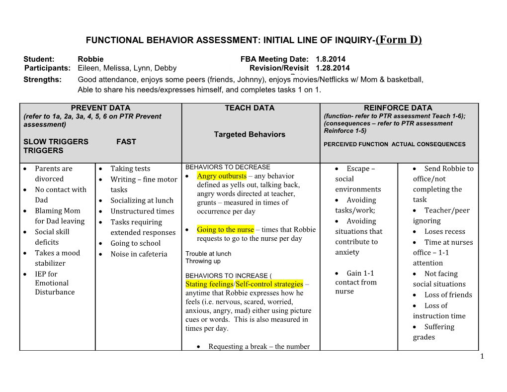 FUNCTIONAL BEHAVIOR ASSESSMENT: INITIAL LINE of INQUIRY-(Form D)