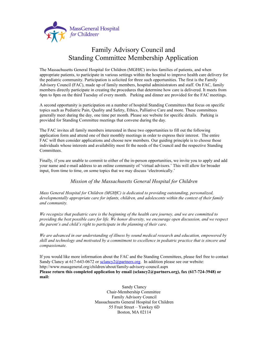 Family Advisory Council and Standing Committee Membership Application