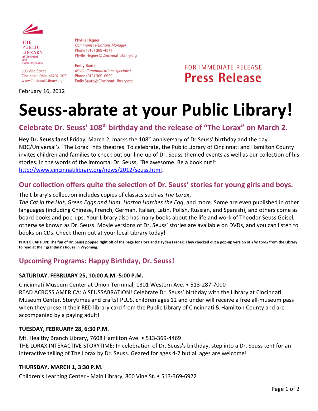 Seuss-Abrate at Your Public Library!