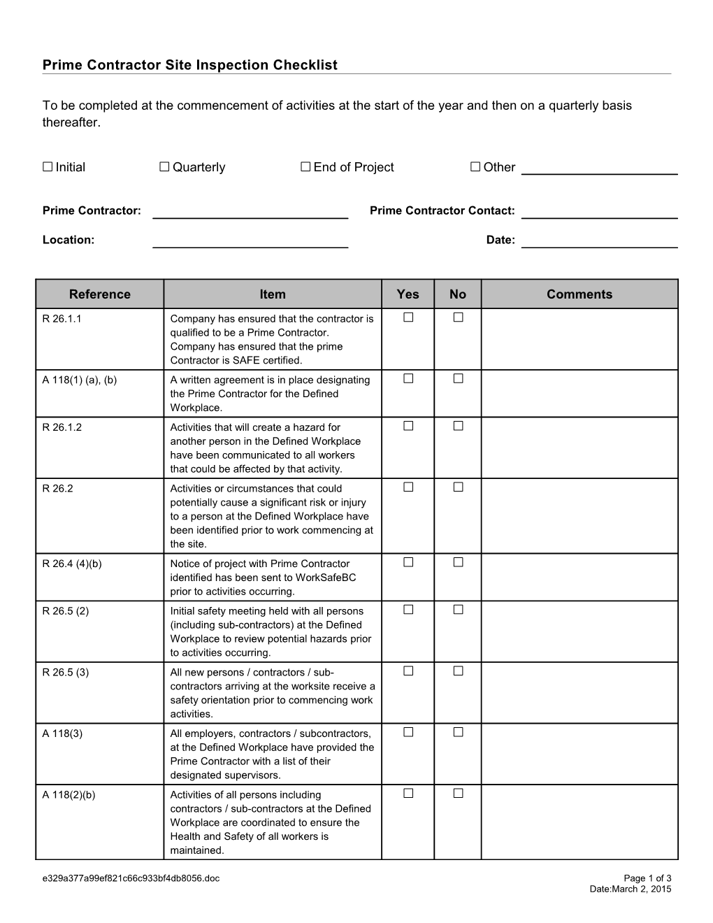 Prime Contractor Site Inspection Checklist