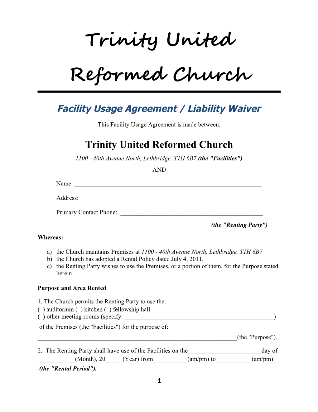 Facility Usage Agreement / Liability Waiver