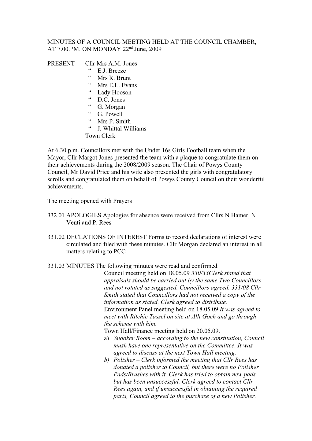 Minutes of a Council Meeting Held at the Council Chamber, Town Hall, Llanidloes at 7