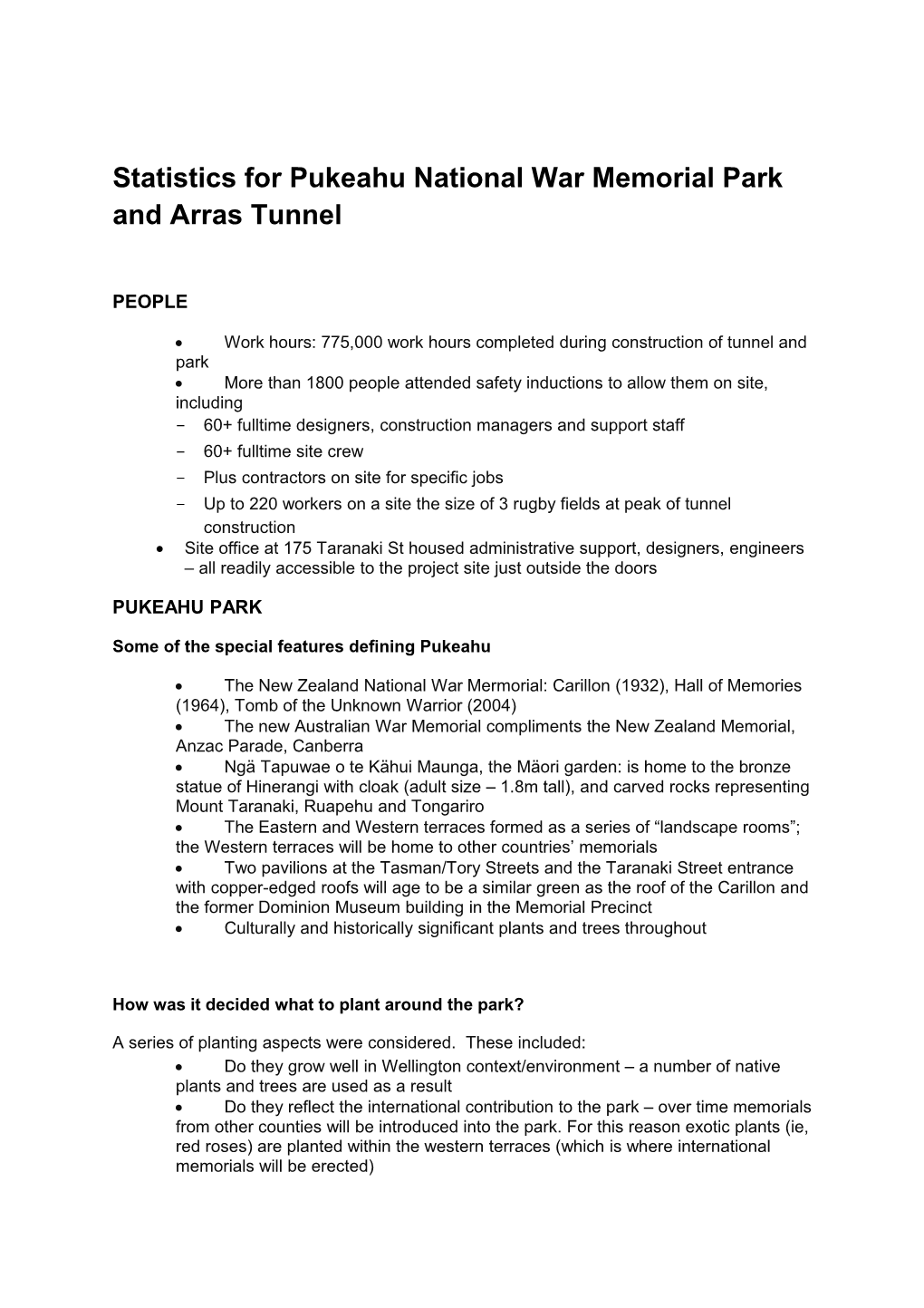Statistics for Pukeahu National War Memorial Park Andarras Tunnel