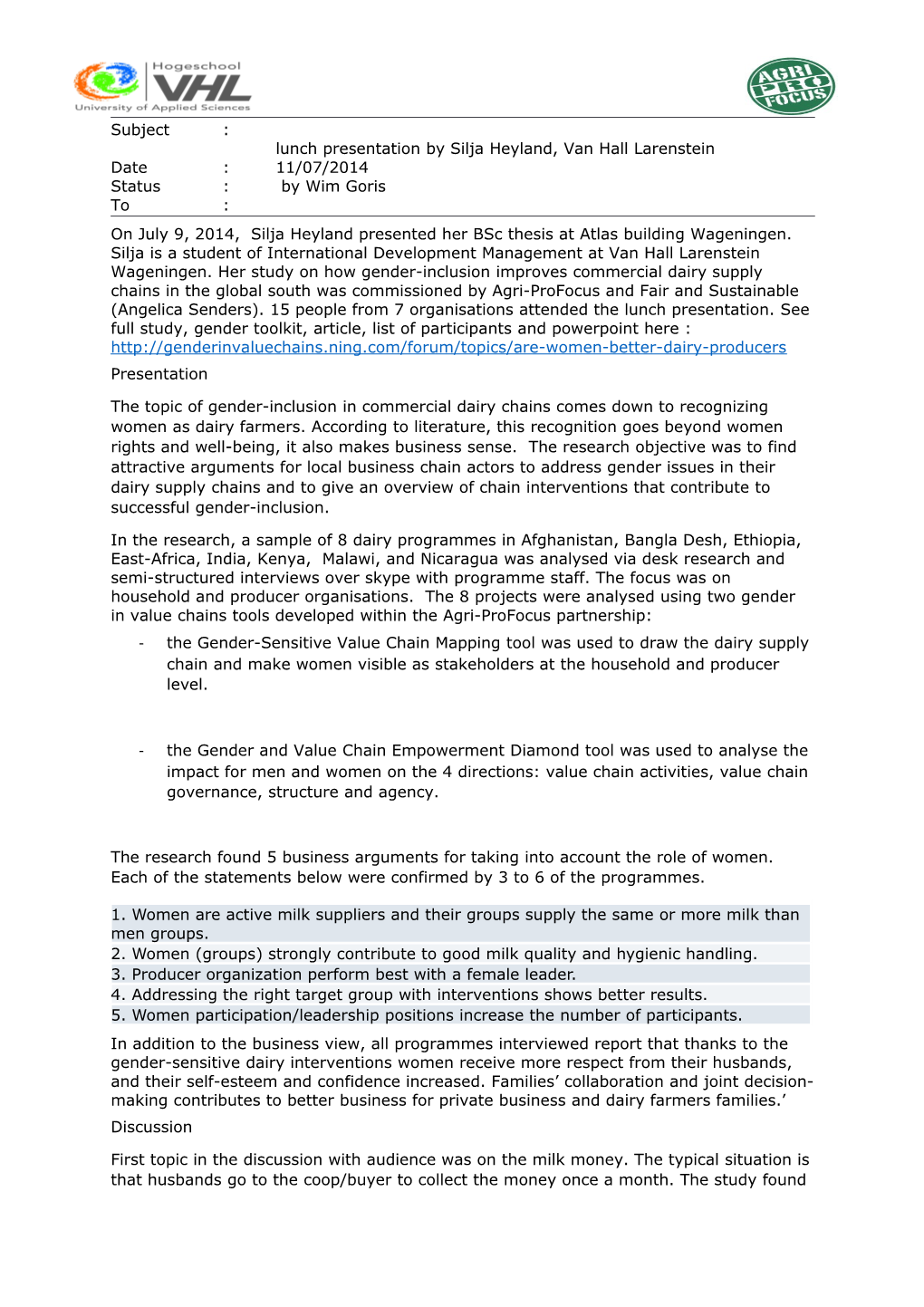 Subject:Gender Inclusion in Commercial Dairy Chains in the Global South