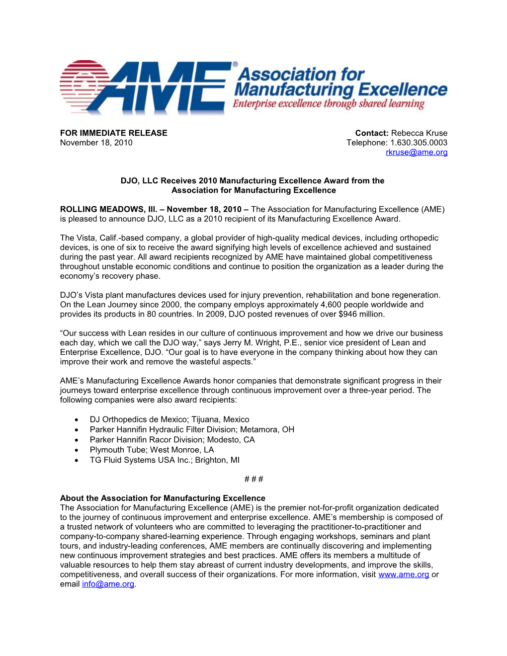 DJO, LLC Receives 2010 Manufacturing Excellence Award from The