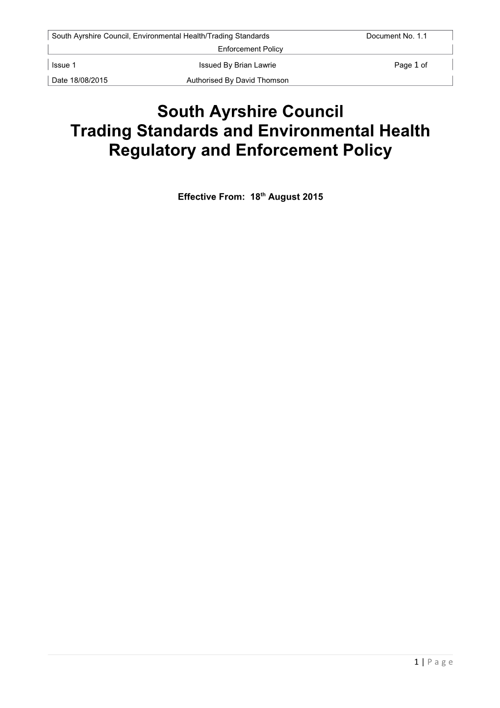 South Ayrshire Council, Environmental Health/Trading Standardsdocument No. 1.1