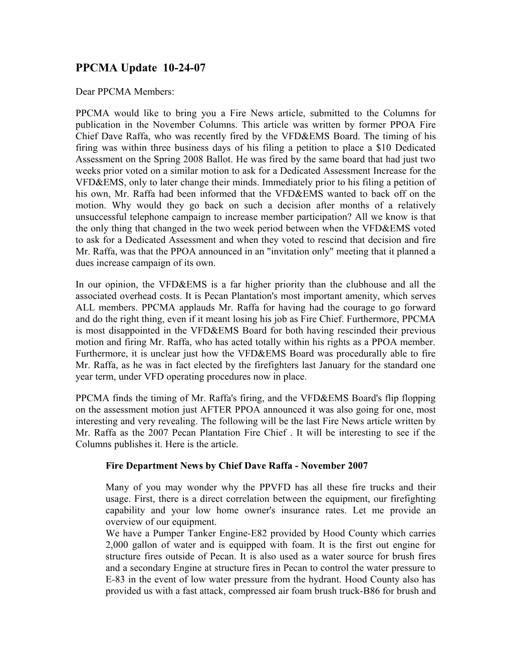 Fire Department News by Chief Dave Raffa - November 2007
