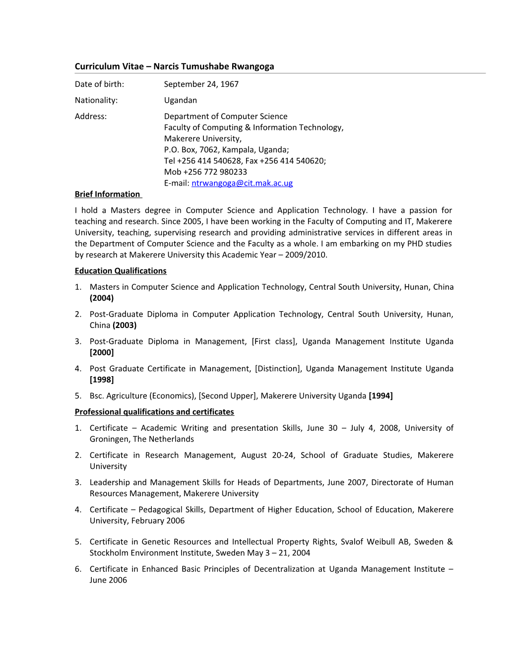 CV for Narcis Tumushabe