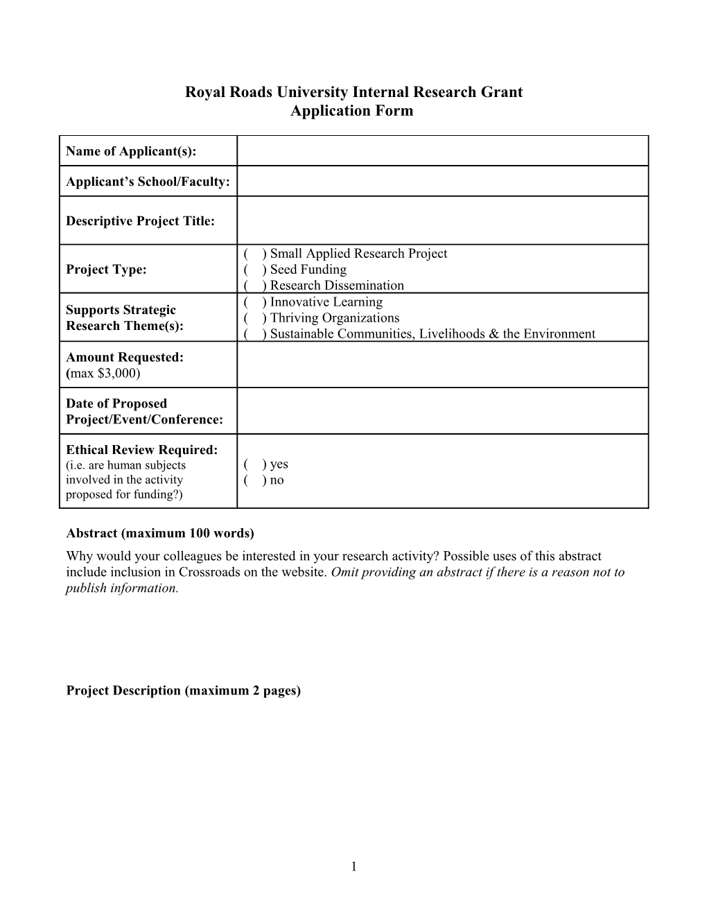 Application Form for Royal Roads University Internal Research Grant