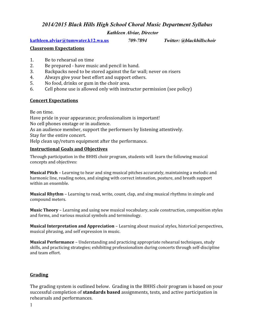 2014/2015 Black Hills High School Choral Music Department Syllabus