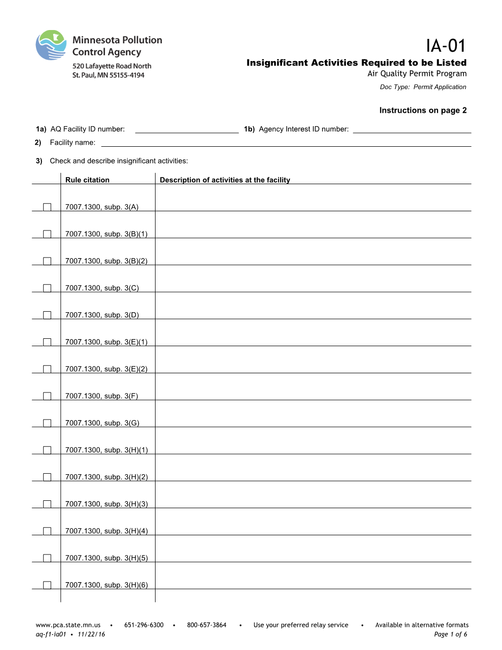 IA-01 Insignificant Activities Required to Be Listed - Air Quality Permit Program - Form
