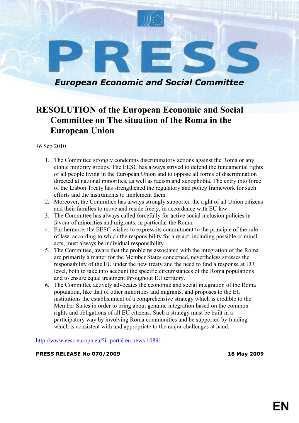 RESOLUTION of the European Economic and Social Committee on the Situation of the Roma In