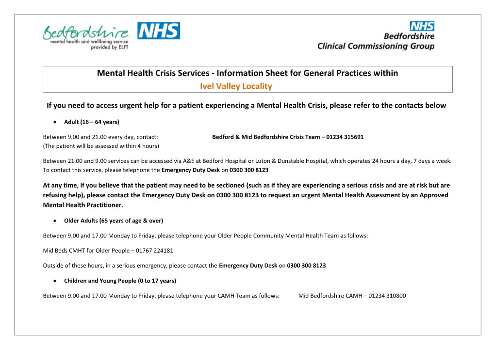 Mental Health Crisisservices - Information Sheet for General Practices Within Ivel Valley