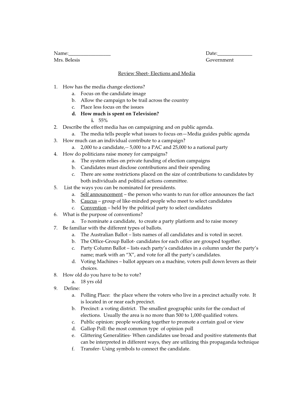 Review Sheet- Elections and Media
