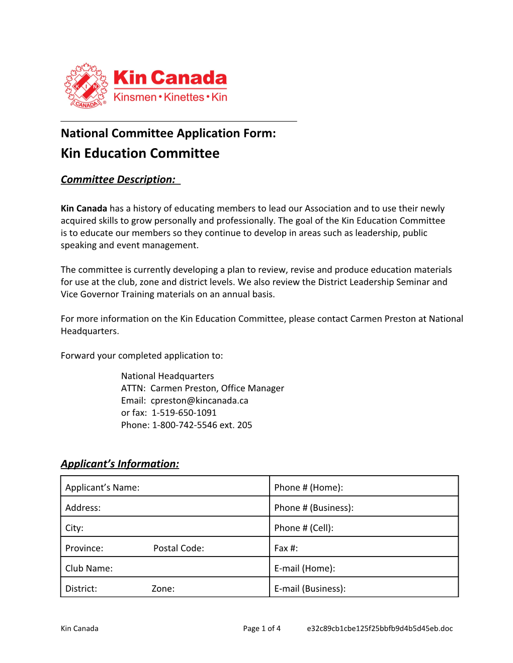 National Kin Education Committee Application Form