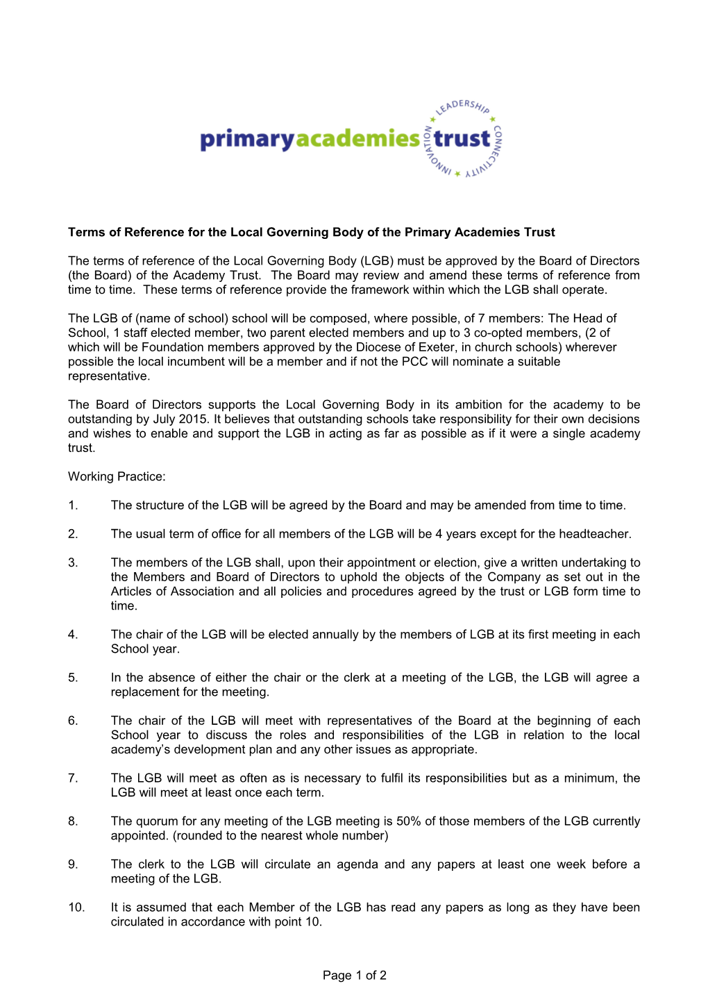 Terms of Reference for the Local Governing Body of the Ilfracombe Academy