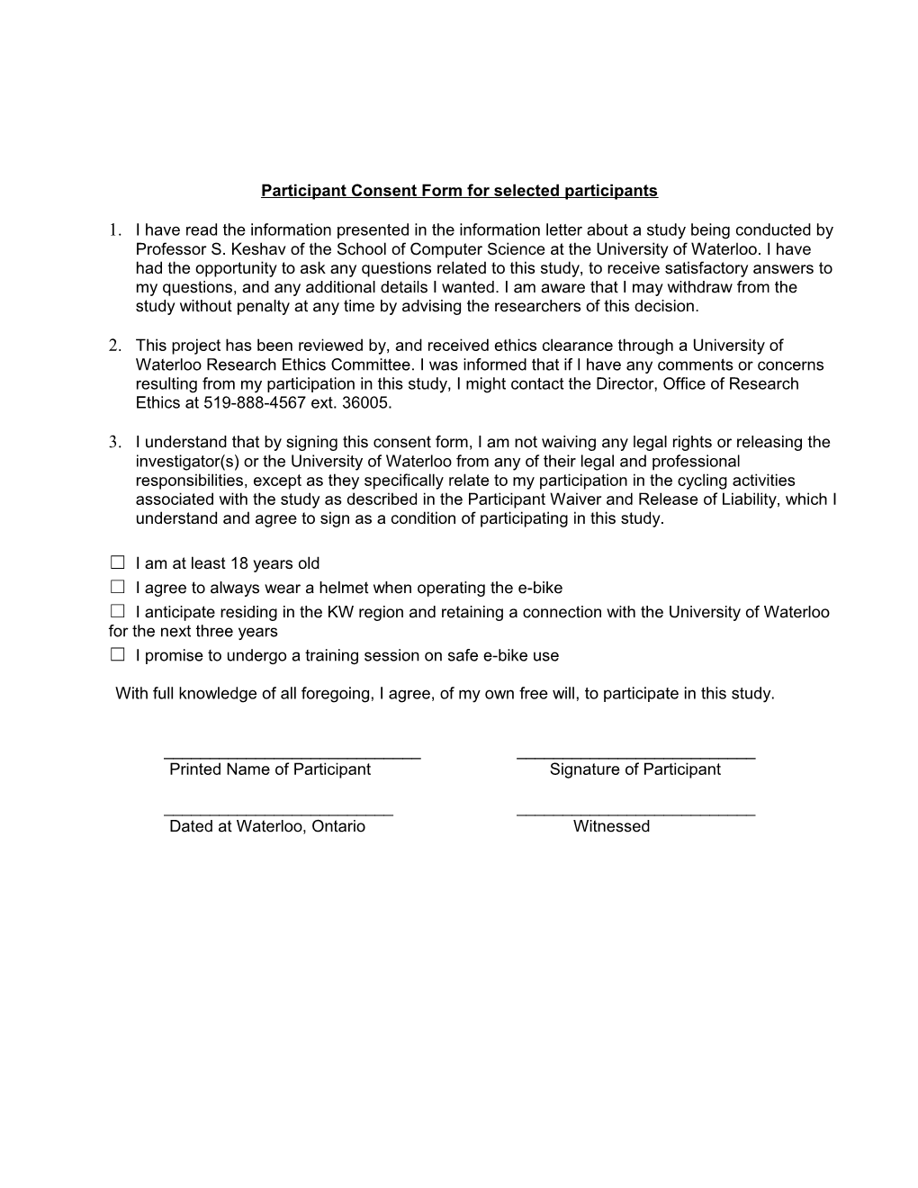 Participant Consent Form for Selected Participants
