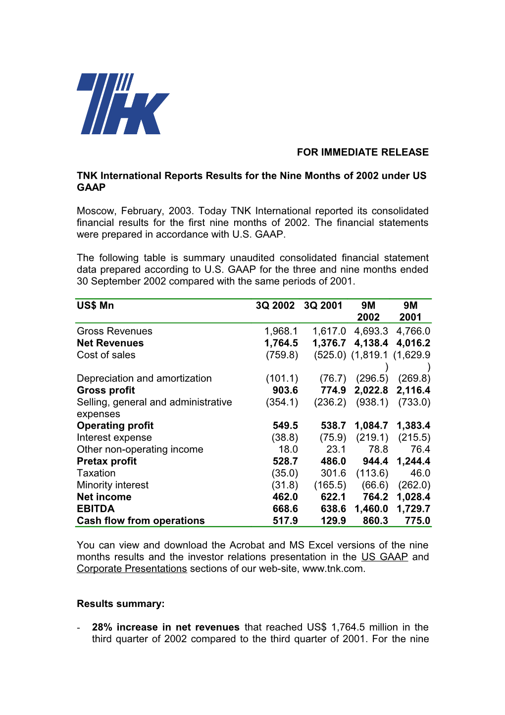 TNK International Reports Results for the Nine Months of 2002 Under US GAAP