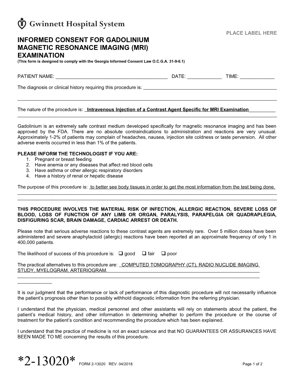 Informed Consent for Gadolinium Examination