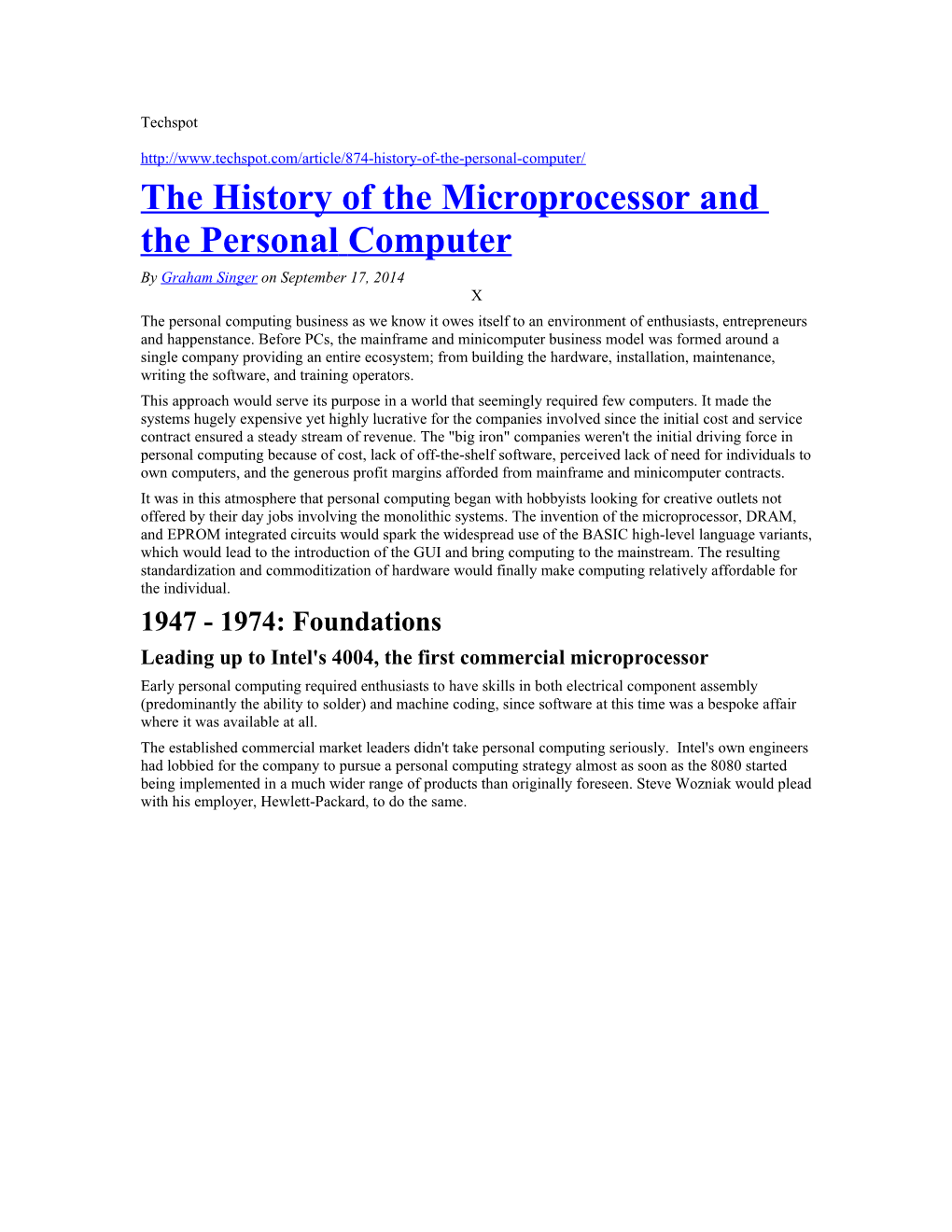 The History of the Microprocessor and the Personalcomputer