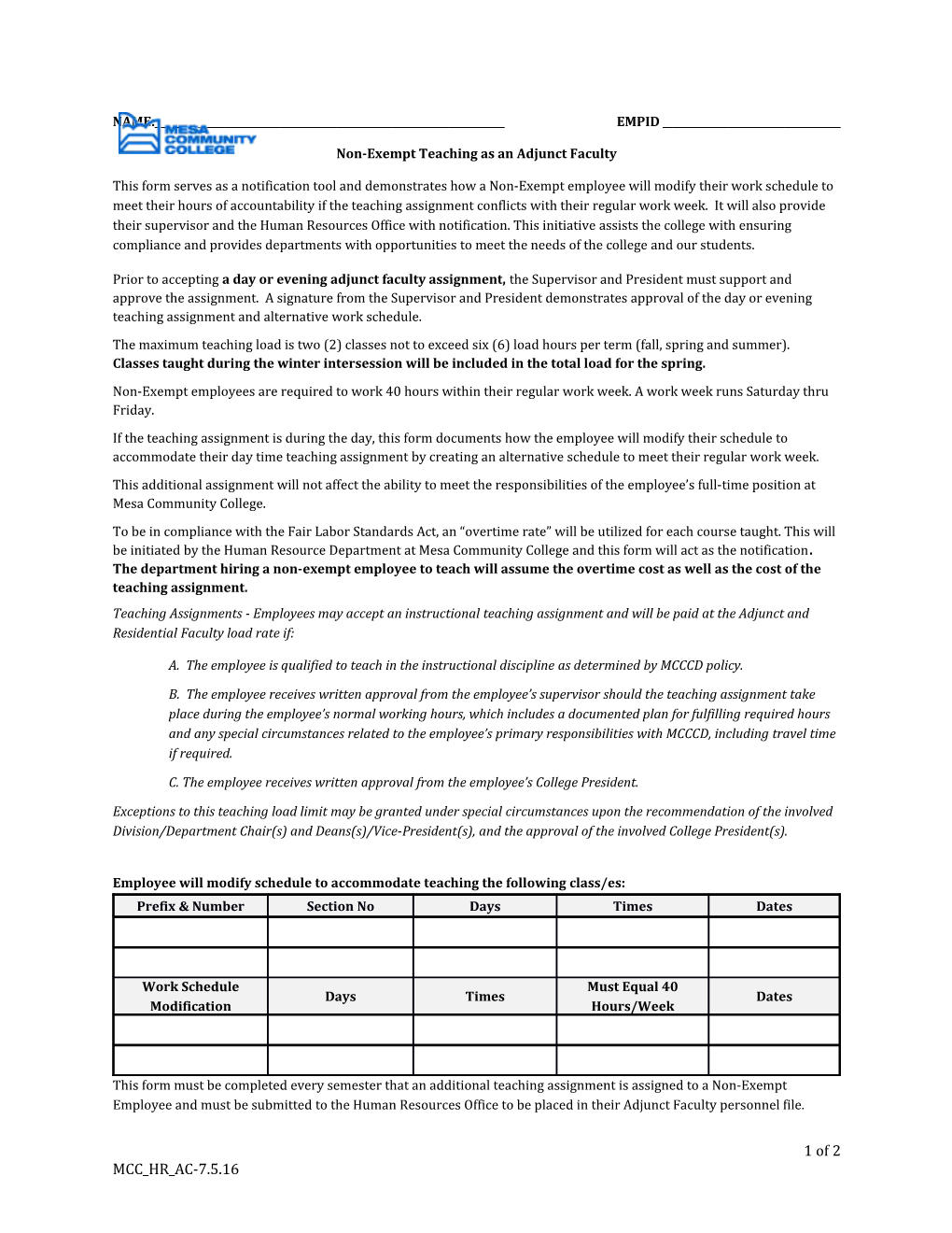 Non-Exempt Teaching As an Adjunct Faculty