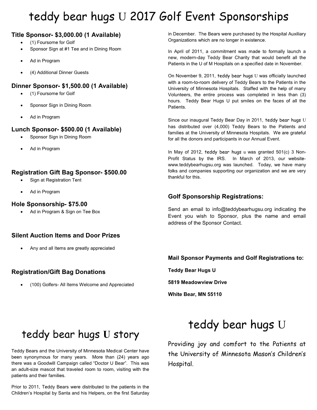 Teddy Bear Hugs U2017golf Event Sponsorships