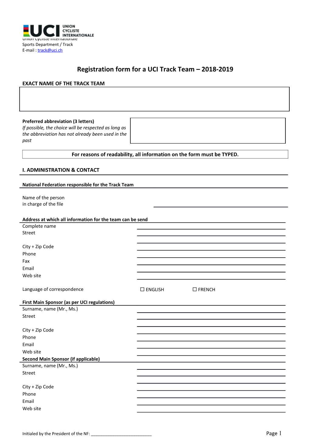 Registration Form for a UCI Track Team 2018-2019