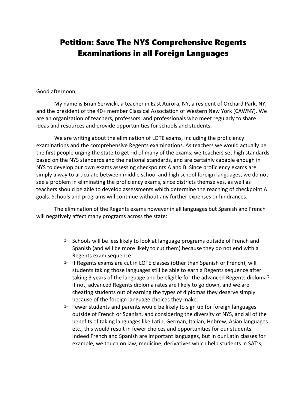 Petition: Save the NYS Comprehensive Regents Examinations in All Foreign Languages