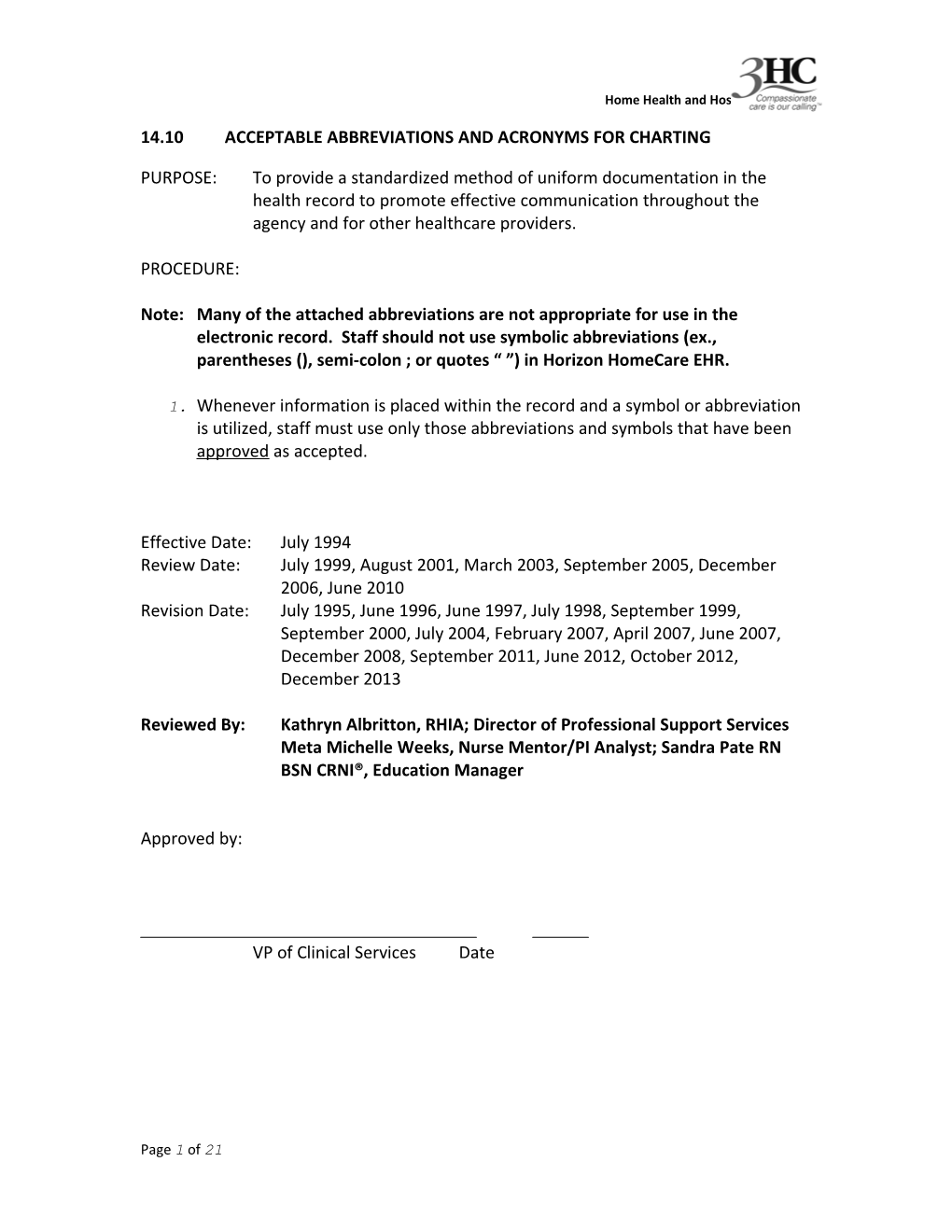 14.10Acceptable Abbreviations and Acronyms for Charting