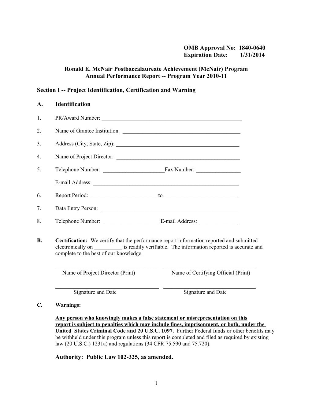 FY 2010-2011 Annual Performance Report Form for the Ronald Mcnair Program (MS Word)