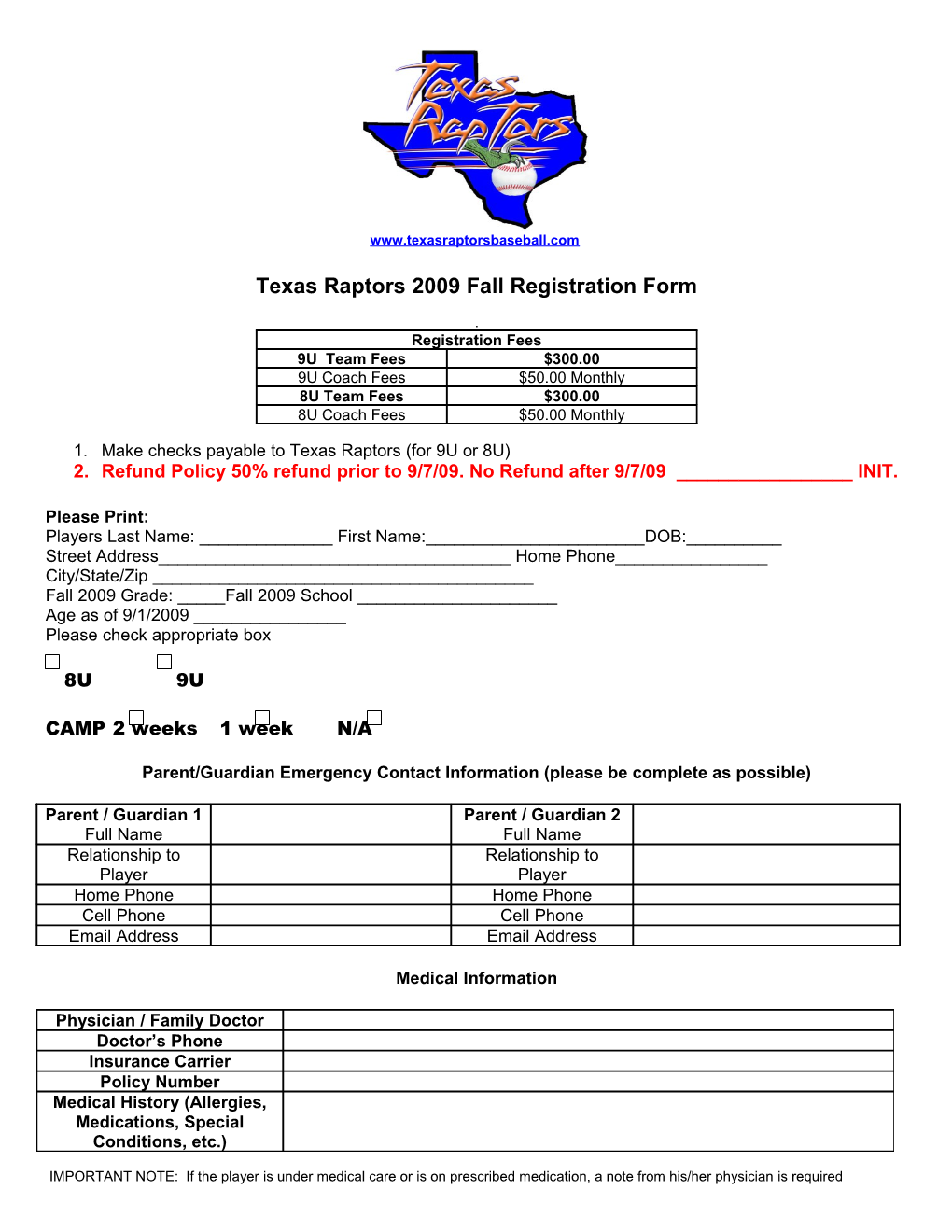 Texas Raptors2009 Fall Registration Form