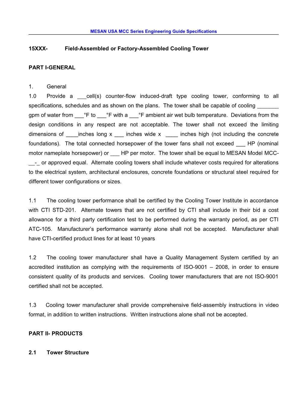 MESAN USA Mccseries Engineering Guide Specifications