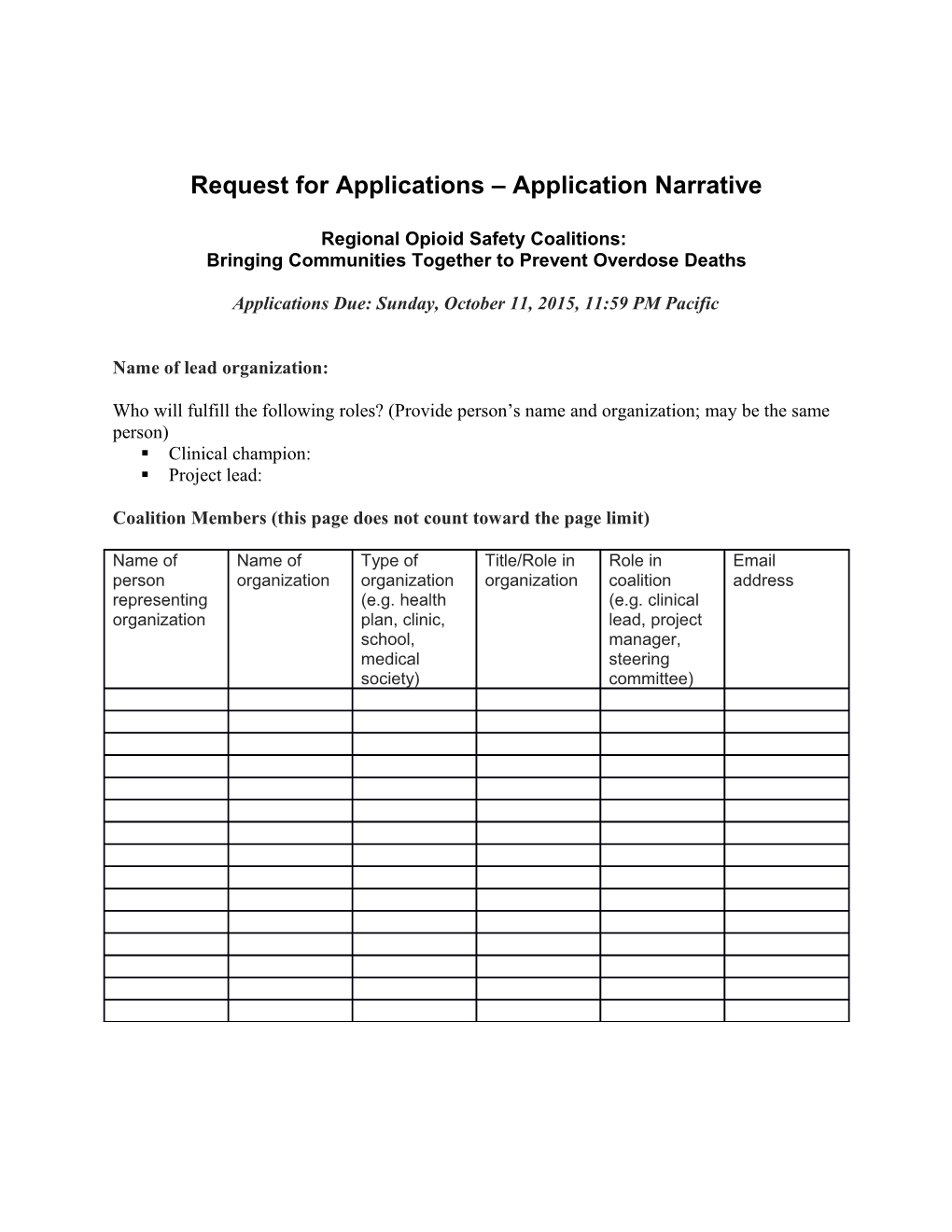 Request for Applications Application Narrative