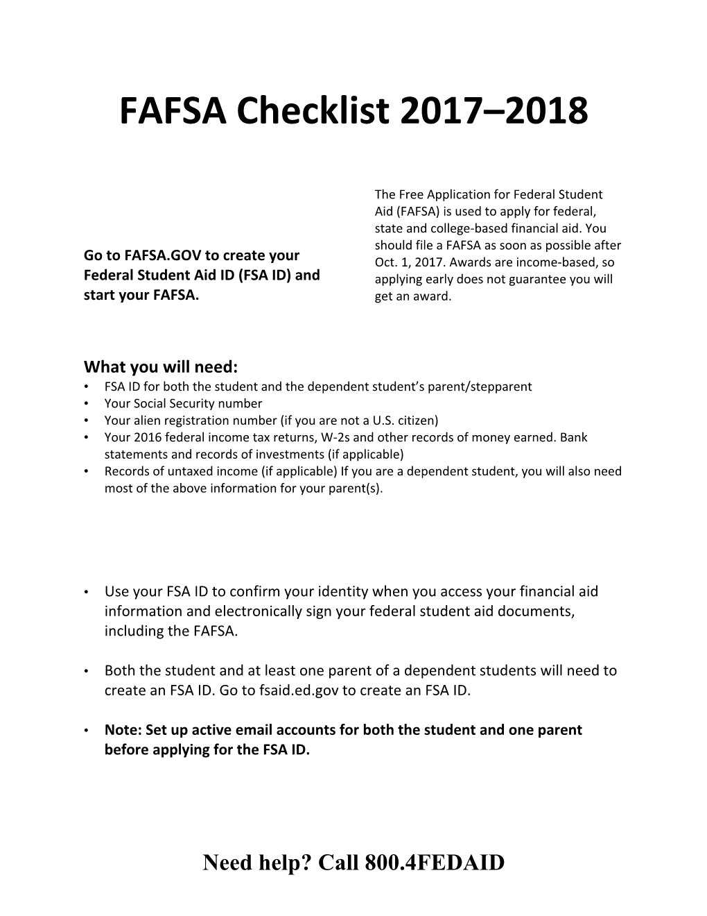 FAFSA Checklist 2017 2018