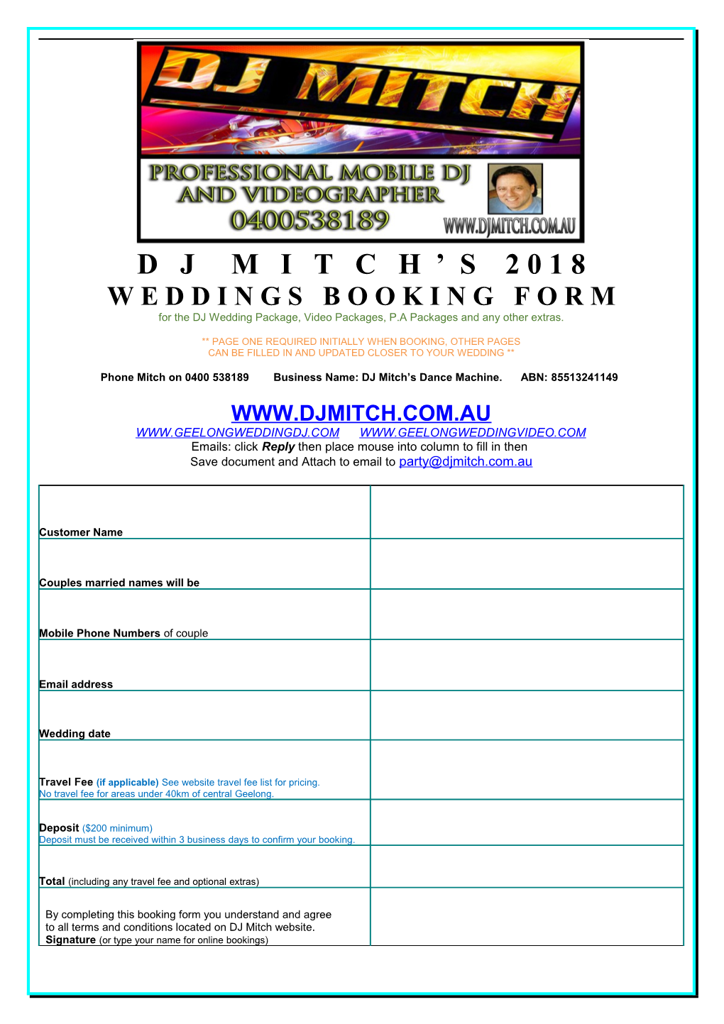 Dj Mitch Wedding Booking Form Page Two