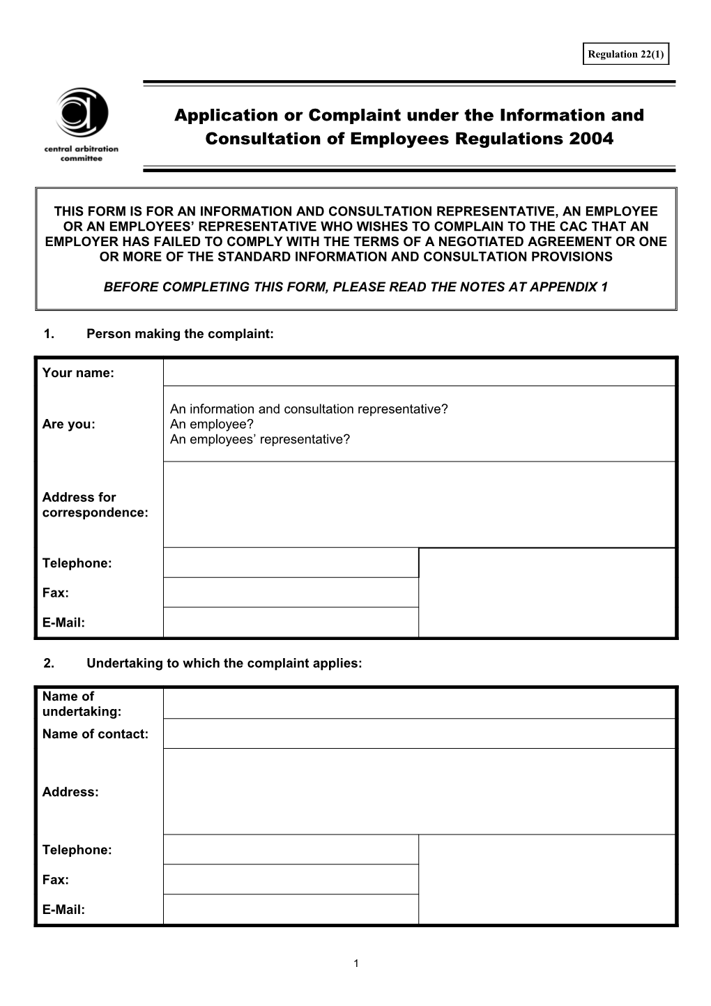 I & C Application Form (Reg 22(1))