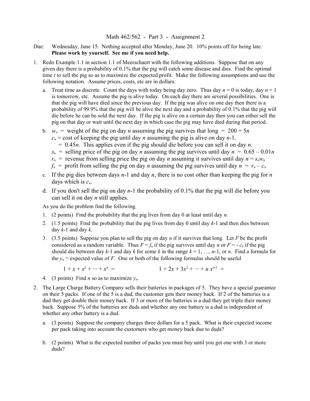 Math 462/562 - Part 3 - Assignment 2