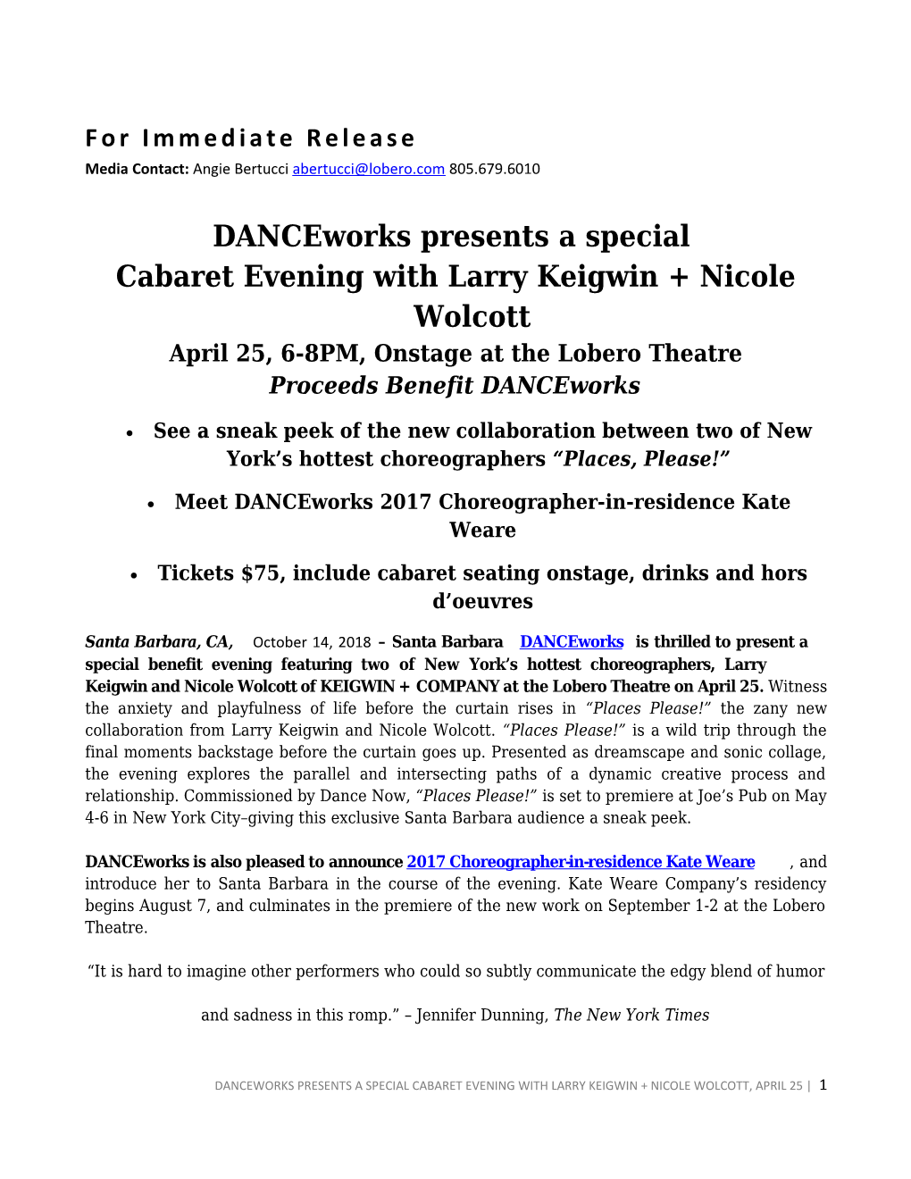 DANCEWORKS Presents a Special Cabaret Evening with Larry Keigwin + Nicole Wolcott, April 25