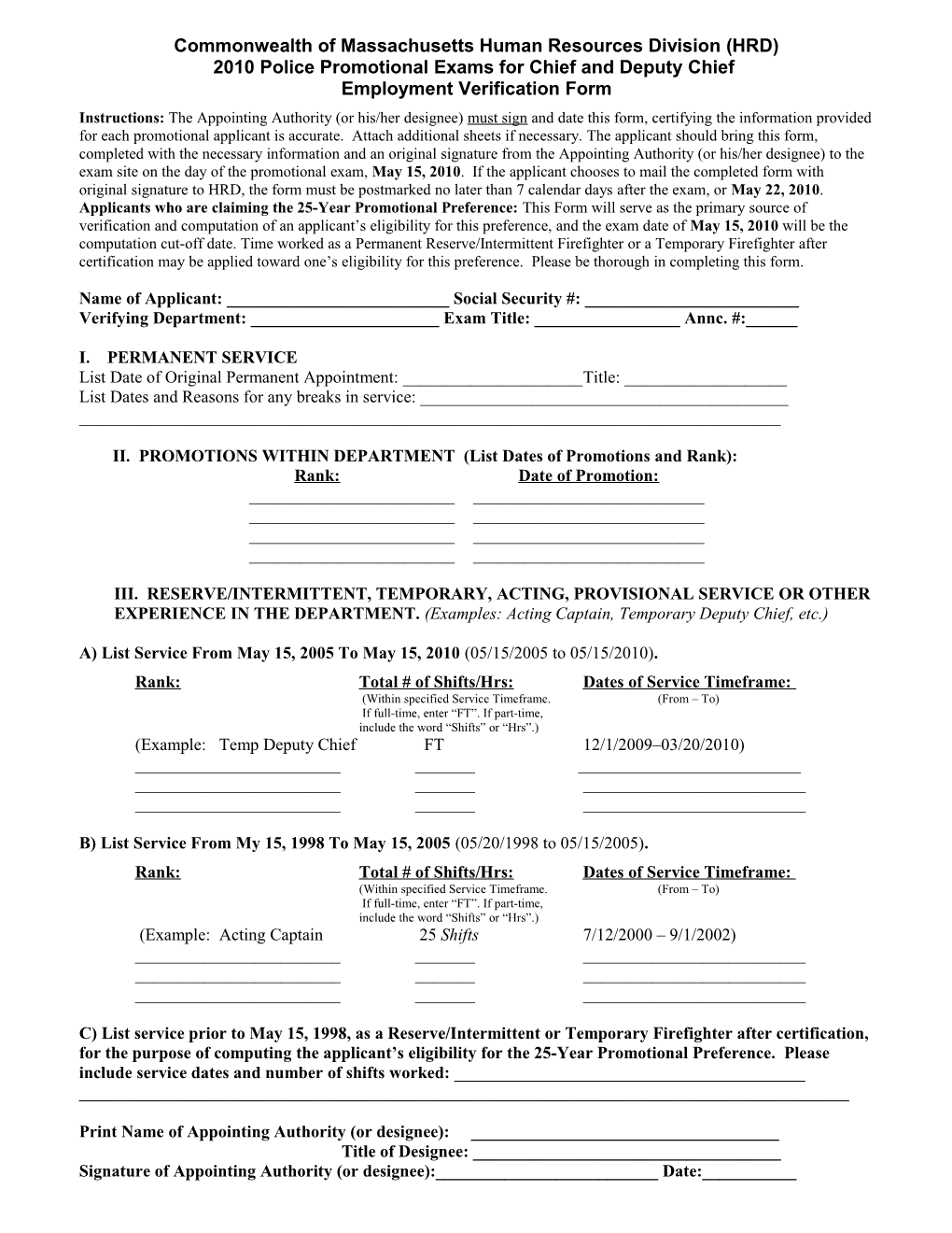 2010 Police Chief & Deputy Police Chief Exam Employment Verification Form