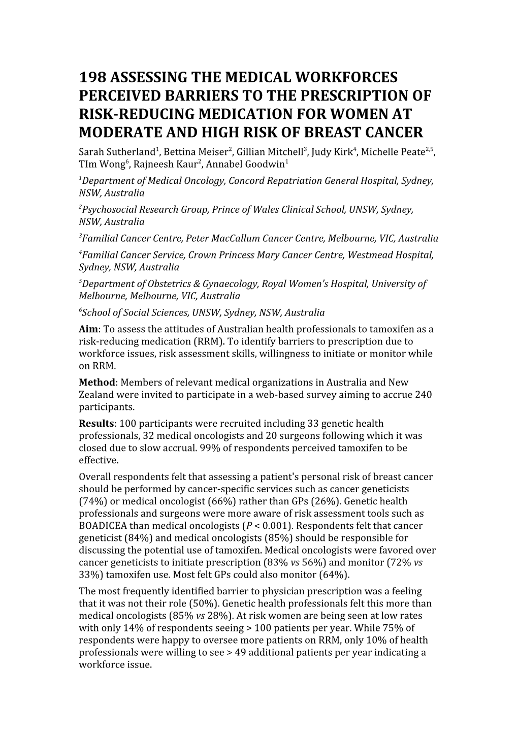 198Assessing the Medical Workforces Perceived Barriers to the Prescription of Risk-Reducing