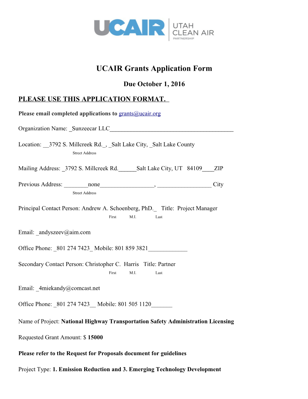 UCAIR Grants Application Form