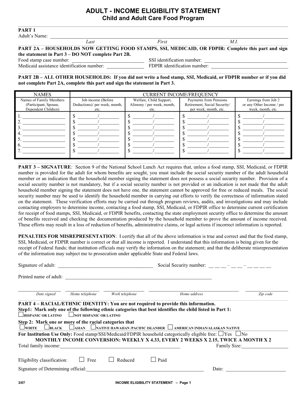 Income Eligibility Statement Provider S Own Children