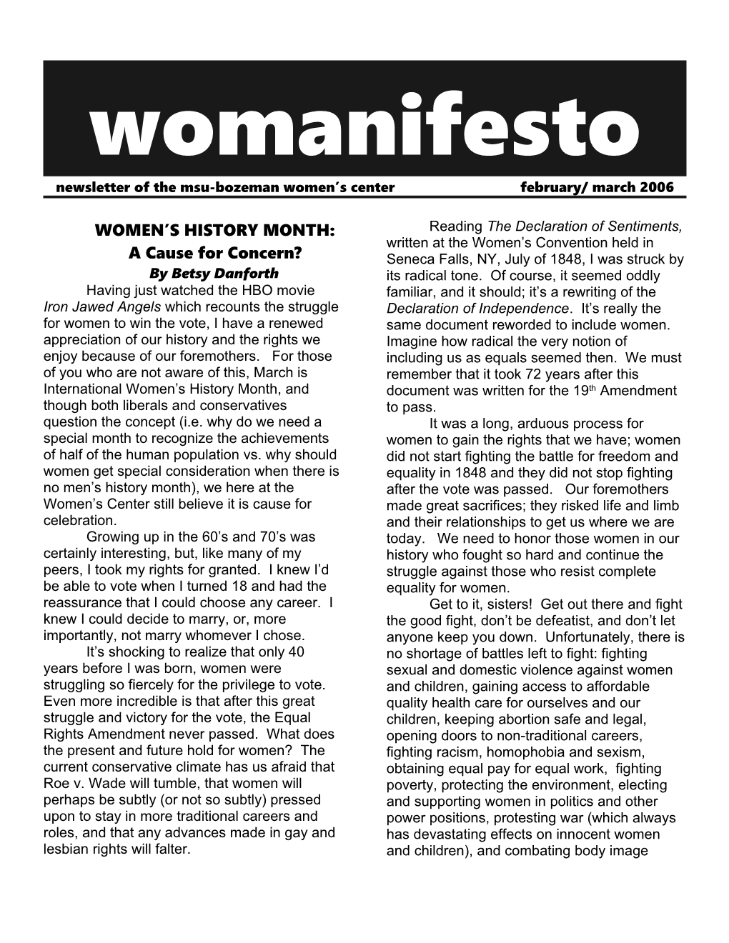 Newsletter of the Msu-Bozeman Women S Center February/ March 2006