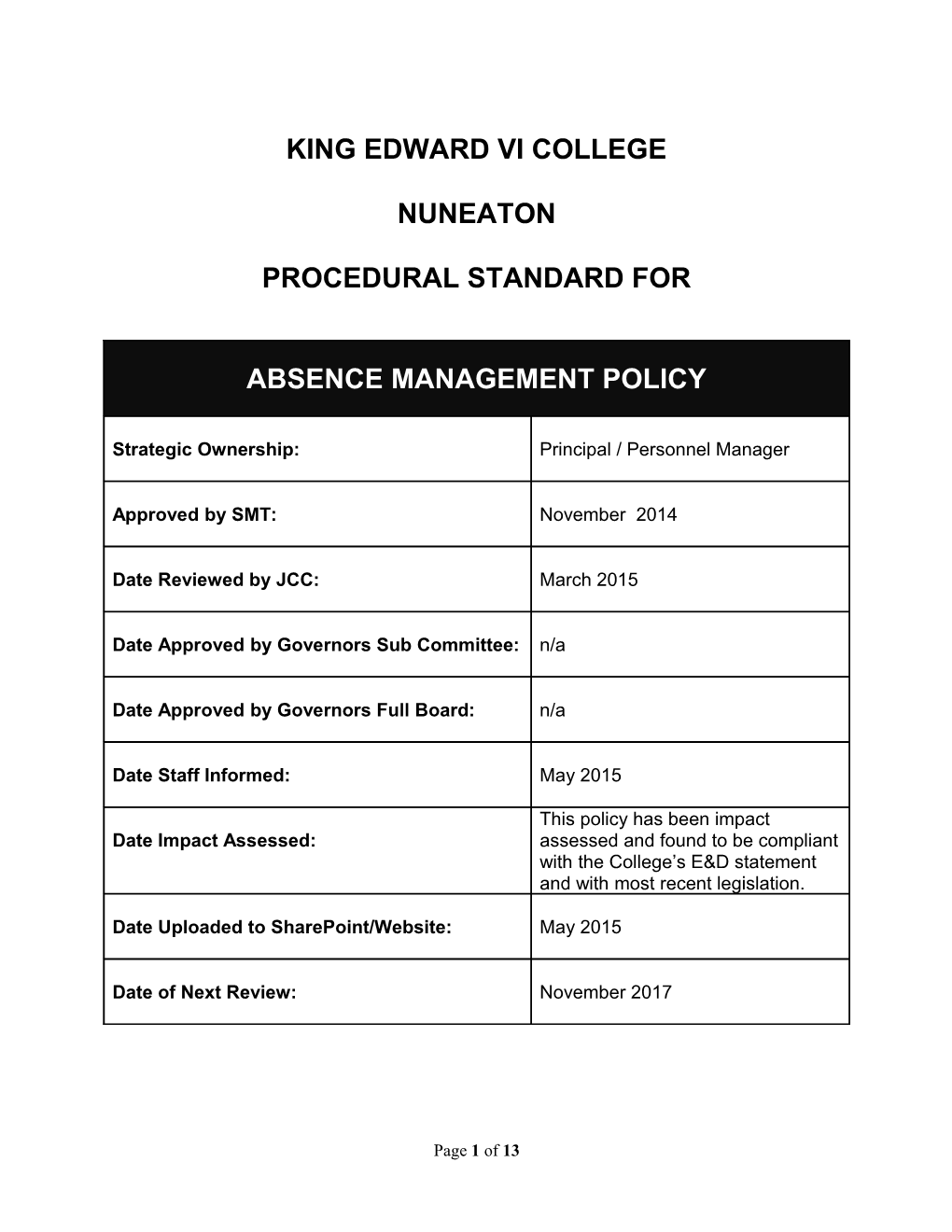 Absence Management Policy
