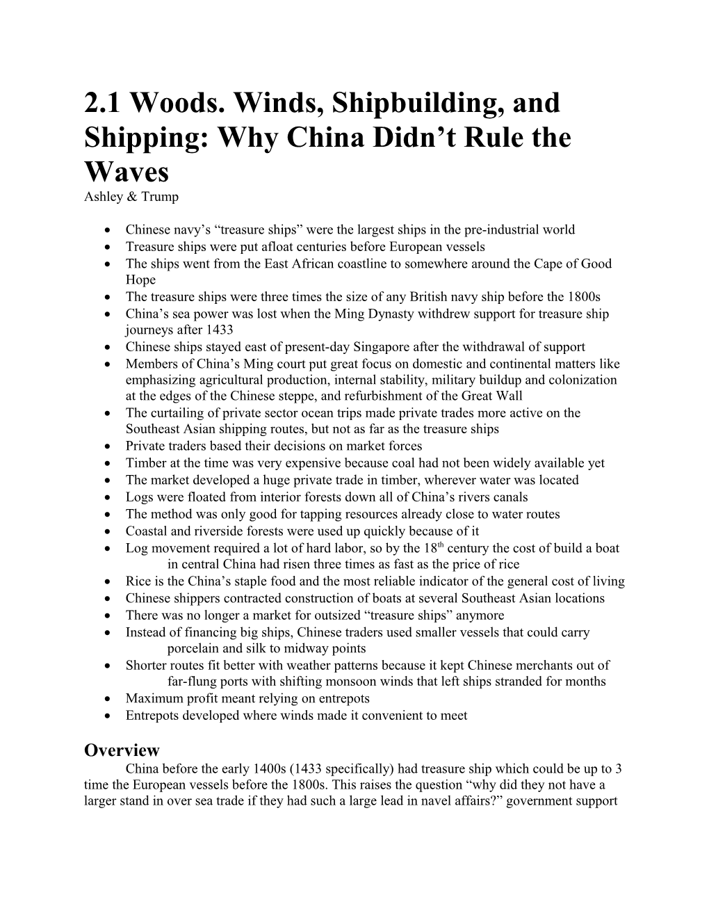 2.1 Woods. Winds, Shipbuilding, and Shipping: Why China Didn T Rule the Waves