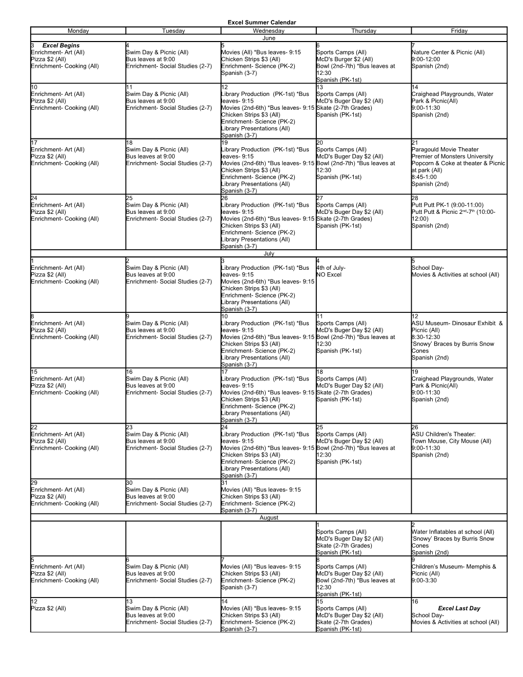 Excel Summer Calendar